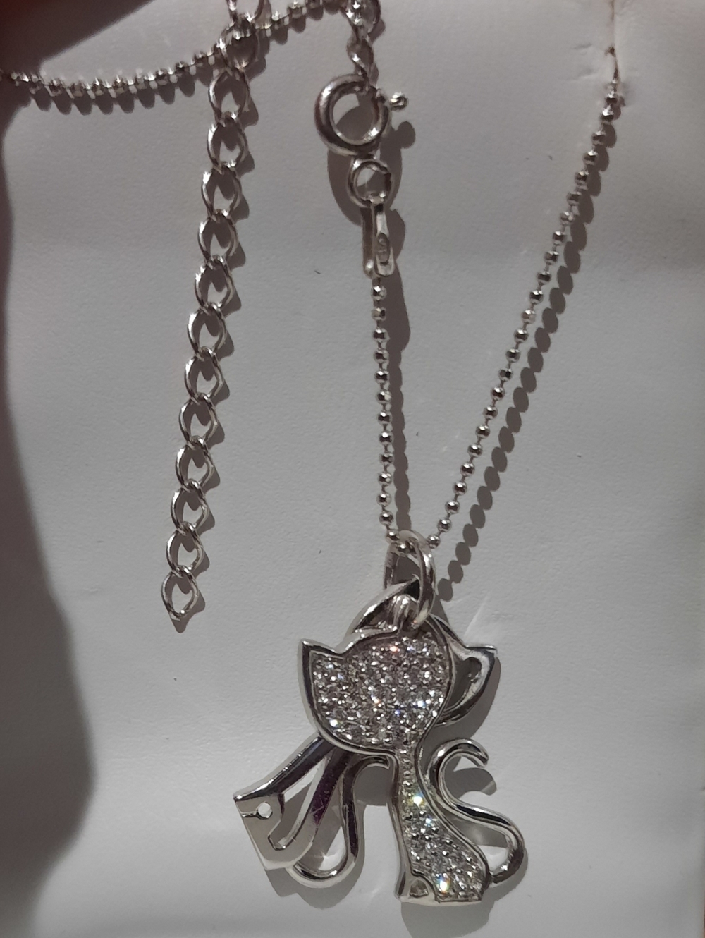 Solid Sterling Silver Kitty Double Crystal Cat Pendant Diamond Cut Necklace